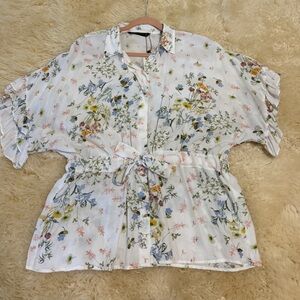 Zara White Short Sleeve Tie Front Blouse